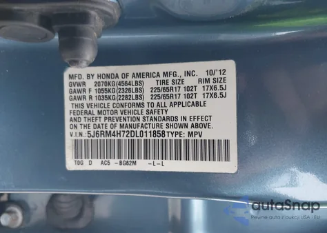 2013 Honda Cr-V Ex-L z USA, uszkodzony, nr VIN 5J6RM4H72DL011858